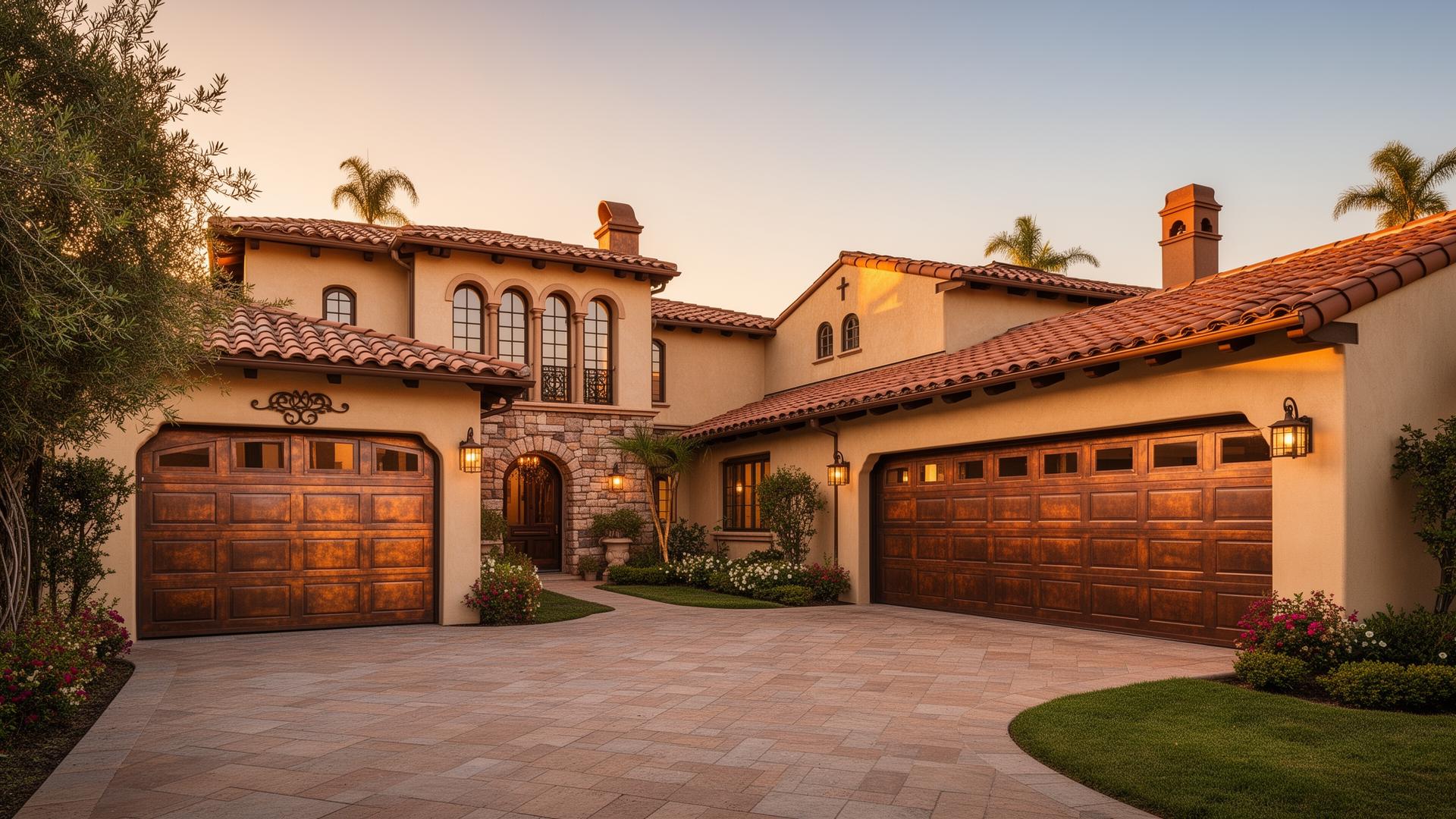 Luxury copper-clad garage doors on Spanish revival home in Wrightsville Beach