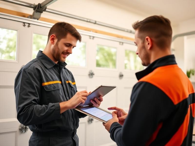 Professional garage door technician performing digital inspection with tablet